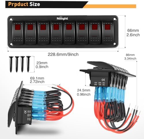 Nilight 8 Gang Rocker Switch Panel SPST On Off 5PIN Electrical Toggle Red