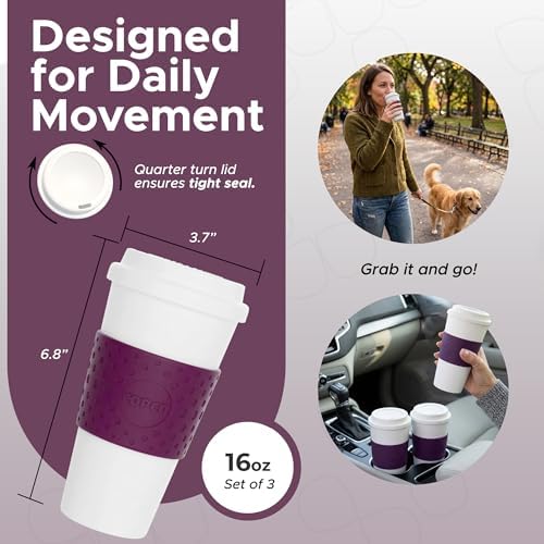 Copco Acadia 16oz Travel Mug, Set of 3 –BPA-Free Double Wall Insulated Coffee Mugs with Leak-Resistant Quarter Turn Lid & Grip, Reusable Drinkware for Hot & Cold Drinks, Hassle-Free Cleaning - Plum