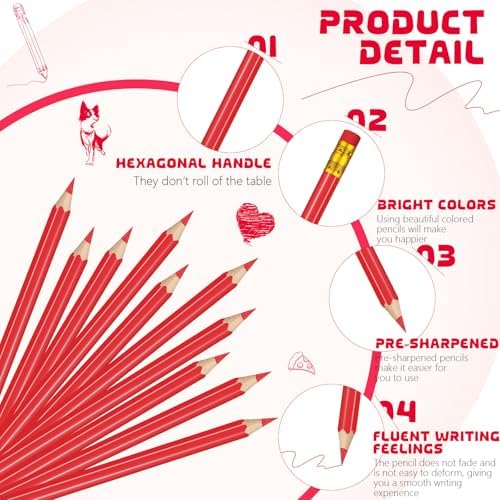 Sivak 100 Pack Red Colored Pencils with Eraser, Presharpened, Hexagonal, Erasable, Ideal for Drawing, Coloring, Marking, Grading, Teaching, Art, School