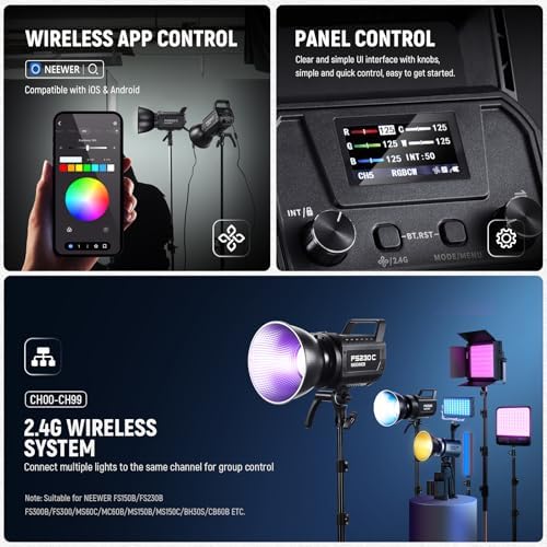 NEEWER 230W High Power RGB LED Video Light, APP/2.4G Control, 2500K-7500K 23000lux/1m COB Continuous Output Lighting, 17 Effects CRI95+ Bowens Spotlight for Studio Photography Video Recording, FS230C