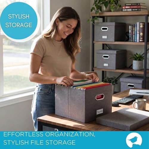 Internet's Best Collapsible File Box Storage Organizer with Lid - Decorative Linen Filing & Storage Office Boxes – Hanging Letter/Legal Folder – Home Office Bins Cabinet – Grey Container - 1 Pack
