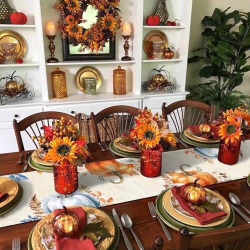 Fall Pumpkin Table Runner Dresser Scarf 13 x 36 Inch Blue Orange Maple Leaf Rustic Table Runners Non-Slip Heat Resistant Kitchen Dining Table Decor for Autumn Thanksgiving Holidays Indoor Outdoor