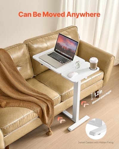 VEVOR Overbed Table, Mobile Bed Side Table with Flip Desktop and 4 Hidden Wheels, Height & Angle Adjustable Rolling Laptop Desk with Cup Holder, Portable Over Bed Desk for Home, Office, Study, White