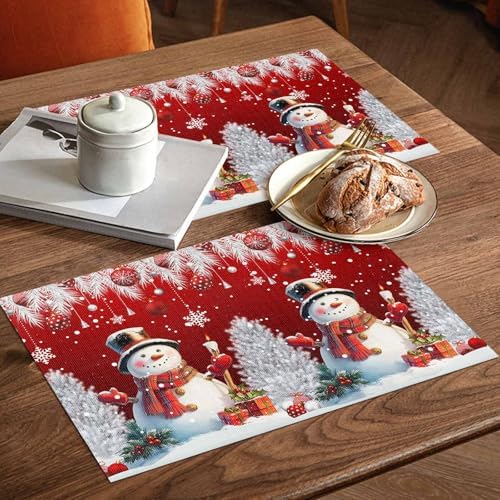 Christmas Red Placemats Set of 4, Cotton Linen Snowflake Cute Snowman Table Mats Non-Slip Washable Xmas Tree Red Christmas Balls Ornaments Placemat for Xmas Dining Kitchen Table Decor