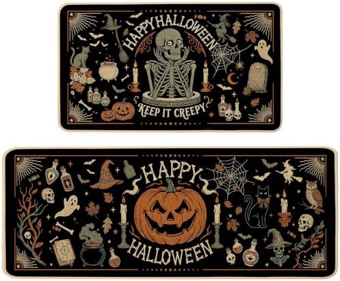 Baccessor Halloween Kitchen Rugs Set of 2, Vintage Skeleton Witch Black Kitchen Mats Low-Profile Non Slip Washable Rugs for Floor Home Decor 17x29 and 17x47 Inch