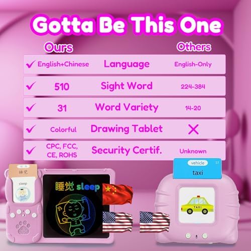 Writing Tablet with Bilingual Flash Cards for Kids, Chinese Pink