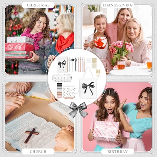 Reallnaive 25 Pcs Black Bow Stationery Gift Set for Women, Coquette School Supplies Box with Mug A6 Notebook Tote Bag Pens Highlighters Pencil Pouch, Cute Desk Accessories for Back to School, Birthday