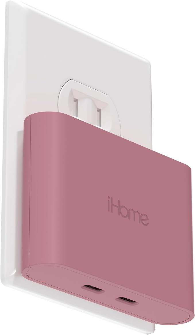 iHome Multiport 40W USB-C Charger, AC Pro 2-Port Flat Block, Dual Fast Charging Wall Adapter | Foldable Prongs, Fast Charging, 2.5x Faster, Charges iPhone, Android, iPad, AirPods, 2 USB-C Ports, Multiport Plug for Home