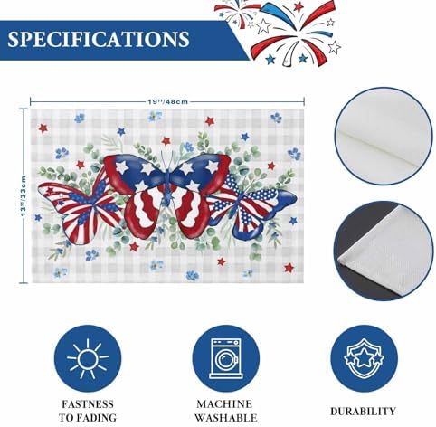 4th of July Placemats Set of 6, Patriotic Star Butterfly Heat Resistant Washable Dining Table Mats Summer Farmhouse Decor for Kitchen&Table Linens Outdoor Indoor, Eucalyptus Leaves Grey Buffalo Plaid
