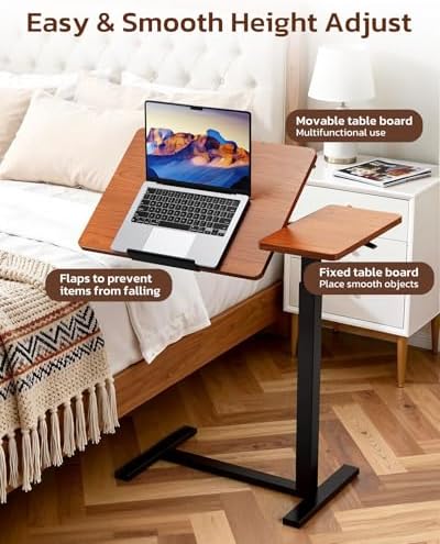 Simple Deluxe Standing Rolling Desk with Hidden Casters, Height Adjustable Pneumatic Mobile Laptop Desk, Tilting Bedside Table for Laptop, Overbed Bedside Table Hospital Home Use, Brown