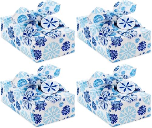Hallmark 26" Reusable Christmas Gift Wrap (1 Fabric Wrap: Blue Snowflakes on Natural Cotton) for Holiday Parties, Hanukkah, Winter Weddings (Pack of 4)