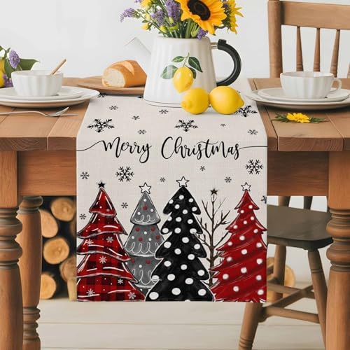 Red Black Christmas Tree Table Runner Dresser Scarf 13 x 108 Inch Polka Dots Xmas Tree Snowflake Linen Table Runners Non-Slip Heat Resistant Kitchen Dining Table Decor for Home Holidays Indoor Outdoor