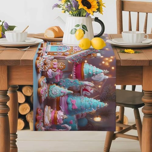Christmas Table Runner Dresser Scarf 13 x 60 Inch Gingerbread House Gingerbread Man Cake Candy Table Runners Non-Slip Heat Resistant Kitchen Dining Table Decor for Home Holidays Indoor Outdoor