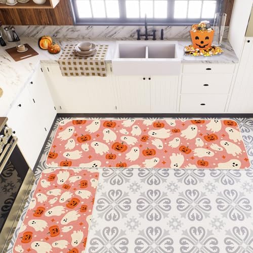 JarThenaAMCS Halloween Kitchen Mats Set of 2 Pink Ghost Pumpkin Kitchen Floor Mat Non-Slip Decorative Bathroom Rugs for Party Home Entrance, 17 x 29 Inch & 17 x 47 Inch