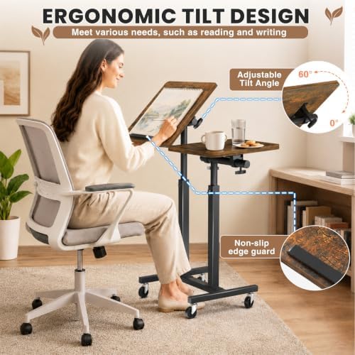 Elowen Rolling Laptop Desk with Wheels, Double-Pole Portable Overbed Table