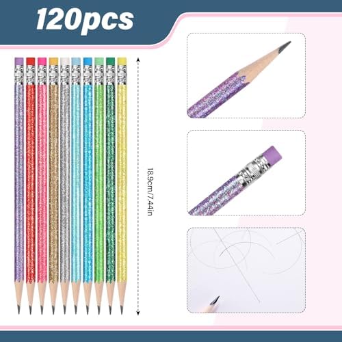 TecUnite 120 Pcs HB Pencils #2 Unsharpened Wood Cased Pencils with Eraser Hexagonal Pencil Cute Graphite No 2 Pen for Adults Gifts Exam School Office Sketching Learning (Glitter Series)