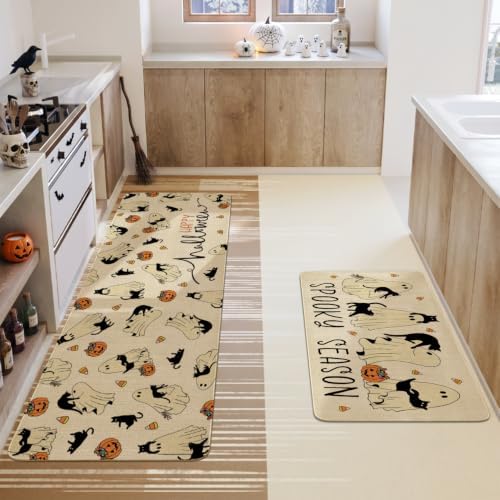 Ghost Black Cat Halloween Kitchen Rugs and Mats Set of 2, (17"x47"+17"x30") Gothic Cute Spooky Season Pumpkin Trick Or Treat Non Skid Washable Runner Rugs for Home Decor Decorations and Accessories