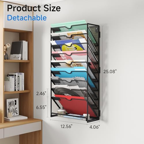 Lavatino 10-Tier Hanging File Organizer, Wall Mount File Holder for Mails Folders Papers Magazine Organization, Vertical Document Organizer for Office Home Black