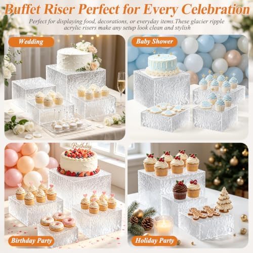 Acrylic Buffet Risers with Mini Sign and Maker, Clear Hammered Water Ripple Dessert Display Stands for Catering Cakes Cupcakes Desserts Drinks Décor Acrylic Display Risers Stackable Nesting Storage