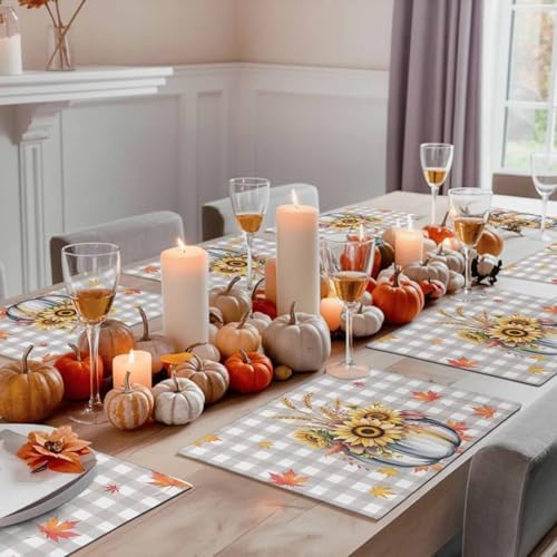 Fall Pumpkins Leaves Placemats Set of 4, Thanksgiving Heat Resistant Washable Table Place Mats Rustic Farmhouse Gray Buffalo Plaid Table Linens Party Decor for Home Kitchen Dining Outdoor Indoor