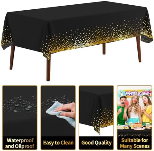 CXPSINC 54 Inch X 300 Feet Plastic Table Cover Roll Disposable Tablecloth with Slide Cutter for All Type/Shape Tables | Party, Banquet, Birthdays, Weddings(Black & Gold Dot, 300 Feet)