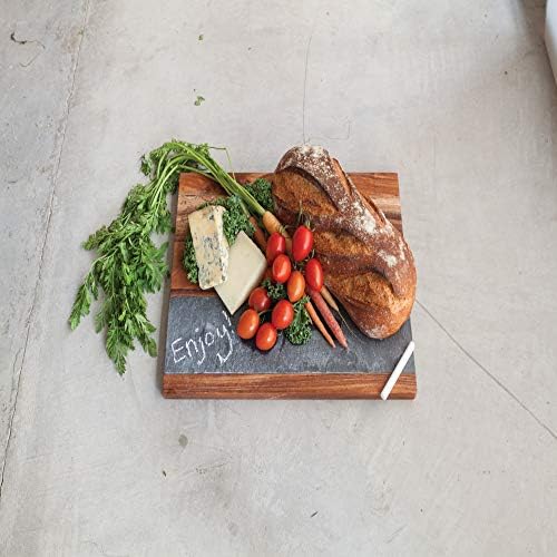 Twine Rustic Farmhouse Wood with Slate Cheese Board and Chalk Set, Acacia Wood and Natural Slate Cutting Board, Soapstone Chalk, 15" by 11", Gourmet Gift Set