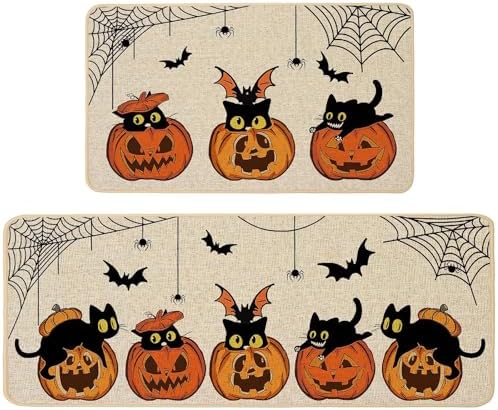 Baccessor Halloween Kitchen Mats Set of 2, Pumpkin Black Cat Bat Spider Web Boo Kitchen Rugs for Floor Low-Profile Farmhouse Fall Halloween Party Home Decor 17x29 and 17x47 Inch