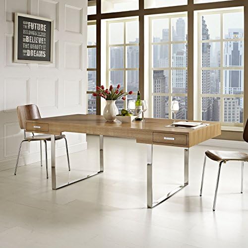 Modway Tinker Contemporary Modern Wood and Stainless Steel Office Desk With Two Drawers in Natural