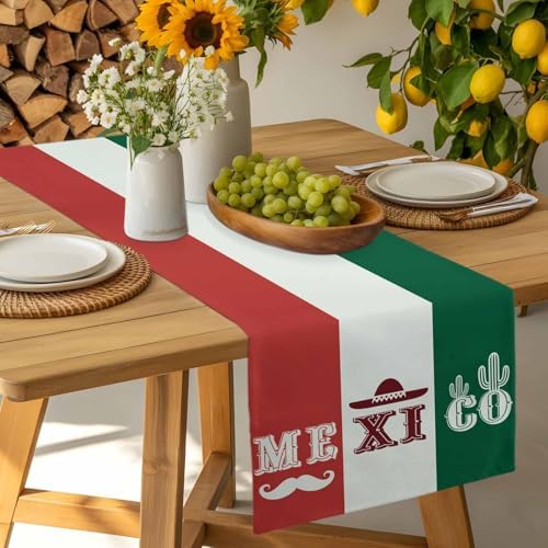 Mexico Flag Table Runner Dresser Scarf 13 x 120 Inch Green Red Color Cactus Hat Striped Modern Table Runners Non-Slip Heat Resistant Kitchen Dining Table Decor for Home Holidays Indoor Outdoor