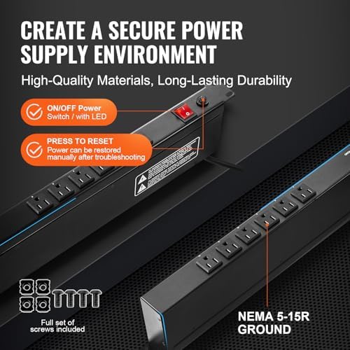 VEVOR 12 Outlet Horizontal 1U Rack Mount PDU Power Strip for Network Server Racks, Surge Protection & Overload Protection, 110-125V/15A, with 6ft 14AWG Power Cord