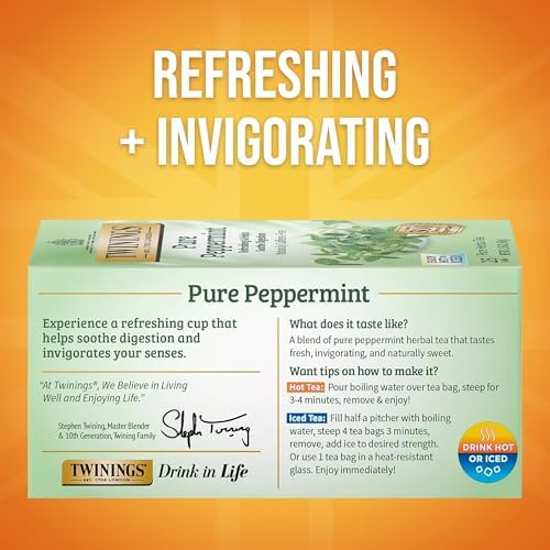 Twinings Pure Peppermint Caffeine-Free Herbal Tea Bags, 25 CT Box (6 Pack)