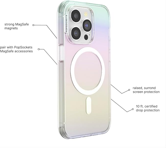 PopSockets iPhone 15 Pro Max Phone Case w/MagSafe- Shimmer | Magnetic, Wireless Charging, Camera & Drop Protection, Rainbow, Colorful, iPad, Removable, Popper