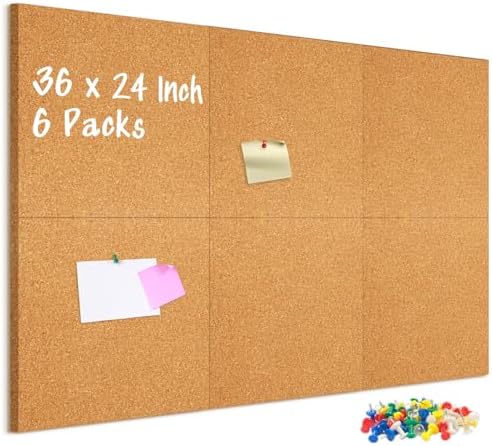 DOLLAR BOSS Cork Board Tiles, 6 Packs 12" x 12" 1/2" Thick Bulletin Board