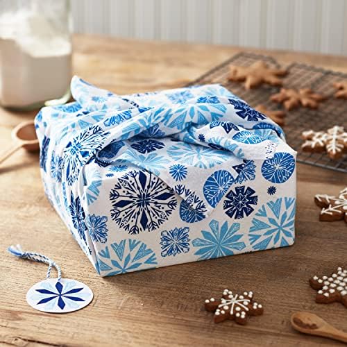 Hallmark 26" Reusable Christmas Gift Wrap (1 Fabric Wrap: Blue Snowflakes on Natural Cotton) for Holiday Parties, Hanukkah, Winter Weddings (Pack of 4)