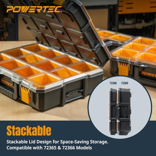 POWERTEC Small Parts Organizer & Tool Box – 10 Compartments, IP65 Water & Dust Protection, Stackable Storage with Interlocking Latch, Removable Tray, Clear Lid, Portable Design (72365)