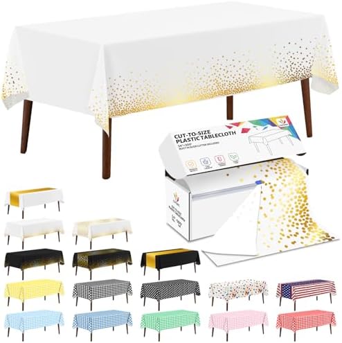 CXPSINC 54 Inch X 300 Feet Plastic Table Cover Roll Disposable Tablecloth with Slide Cutter for All Type/Shape Tables | Party, Banquet, Birthdays, Weddings(White & Gold Dot, 300 Feet)