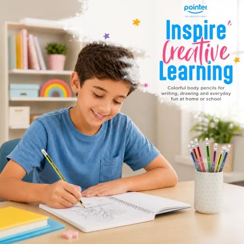 Pointer Wooden Pencils Pre-Sharpened HB Graphite Colorful Assorted Bodies, Hexagonal Grip for Comfortable Use with Soft Erasers Strong Break-Resistant Core Smooth Writing for Classrooms Work - 12Pcs