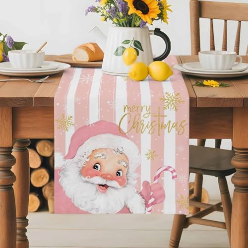 Pink Santa Claus Table Runner Dresser Scarf 13 x 36 Inch Merry Christmas Candy Snowflake White Striped Table Runners Non-Slip Heat Resistant Kitchen Dining Table Decor for Home Holidays Indoor Outdoor