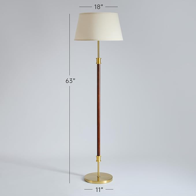 Modern Mid Century Wood Floor Lamp with Soft Linen Shade, 63” Tall Solid Wood & Brass Standing Lamp, Weighted Base, Warm Ambient Light for Living Room, Bedroom & Reading Corners (Solid Wood & Gold)
