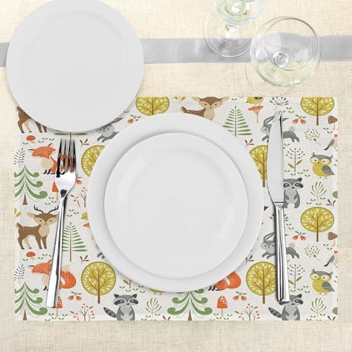 Lunarable Animals Place Mats Set of 8, Woodland Forest Animals Trees Birds Owls Fox Bunny Deer Raccoon Mushroom Print, Washable Fabric Placemats for Dining Table, Placemat 8 pcs, Brown Orange