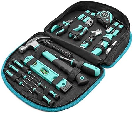 Amazon Basics 104-Piece Home Repair Household Tool Set with Easy Carrying Round Pouch, Portable Hand Tool Kit, Turquoise, 14.4 x 11.4 x 3 inches