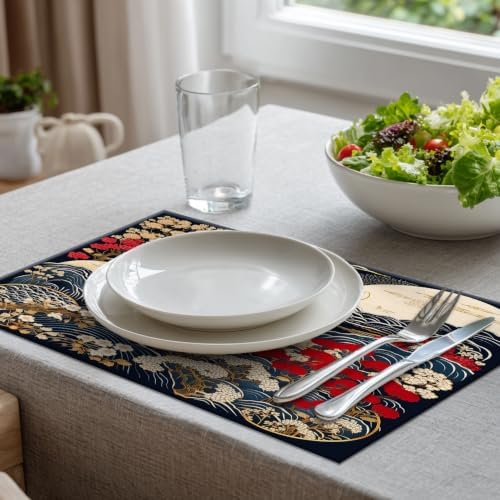 Batmerry Flowers Waves Placemats, Beautiful Nature Scene with Moon Washable Linen Table Mats for Kitchen Table Double Insulation Decor Dining Set Indoor Outdoor 12X18 in Set of 8