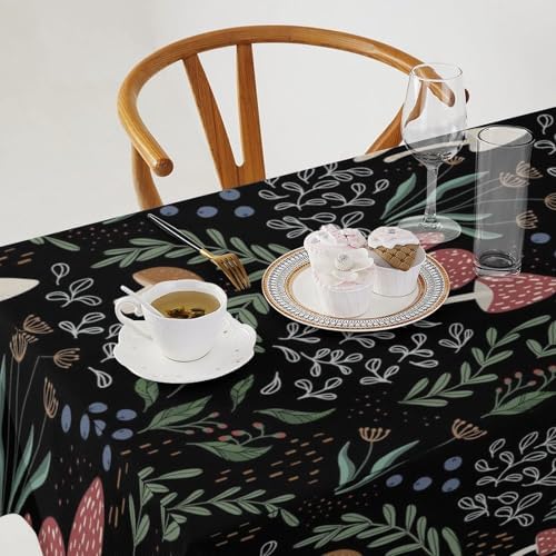Mushroom Tablecloth, Cartoon Green Leaves Mushroom Wildflower Plant Botanical Herb Nature Garden Print Table Cloth for Home Kitchen Outdoor Party Picnic Wedding Decor 60x120in