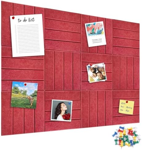 12 Pack Felt Bulletin Board, 35" x 47" Large Red Pinboard with 30 Push Pins, Square Felt Pin Board, Self-Adhesive Cork Board Tiles for Home, Office Walls, School Classroom Message Photos Display