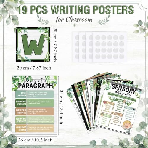 Funrous 19 Pcs Writing Strategies Posters for Classroom Eucalyptus Decor