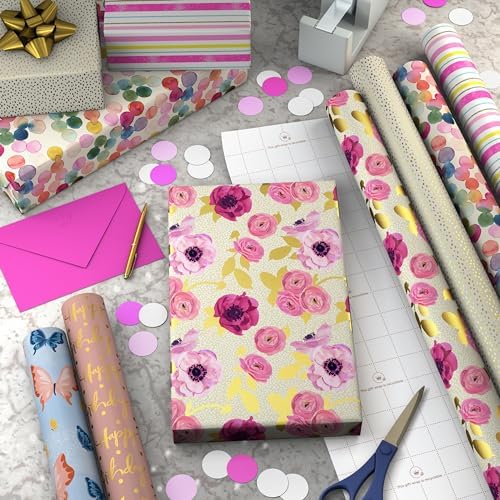 Hallmark Pretty Wrapping Paper with Cutlines on Reverse (6 Rolls: 180 Square Feet Total) Flowers, Butterflies, Stripes, Dots for Birthdays, Mother's Day, Valentine's Day