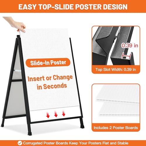 A-Frame Sidewalk Sign 22x28 Inch, Heavy Duty Metal A Frame Sign Holder, Double-Sided Folding Sandwich Board Sign, Slide-In Poster Design, Outdoor & Indoor Sidewalk Sign for Restaurants & Retail
