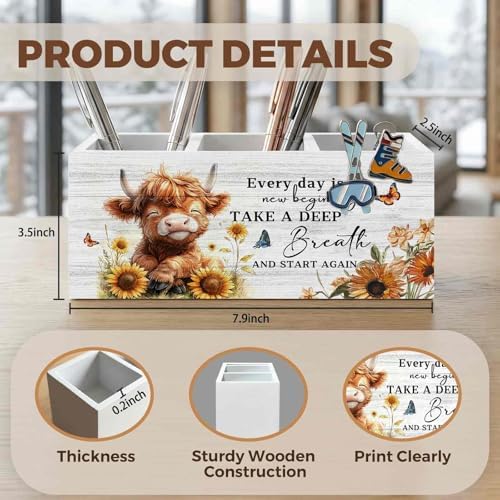 Motivational Highland Cow Pencil Pen Holder for Desk Organizer, Highland Cow Gifts, Farmhouse Highland Cows Nursery Wooden Box Decorations for Home Office Kids Room Desk Tabletop Decor