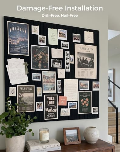 Aothia Felt Bulletin Board Tiles, 12-Pack 48"x36" Large Pin Board for Wall, Modern Cork Board Alternative for Notes, Photos, Memo & Office Organization, 70 Adhesive Tabs & 40 Push Pins, Black