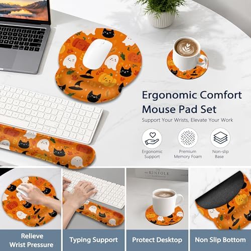 Halloween Wrist Rest Support for Mouse Pad Keyboard Set, Ghosts Pumpkins Black Cats Mouse Pad with Non Slip Rubber Base for Home and Office Typing Support
